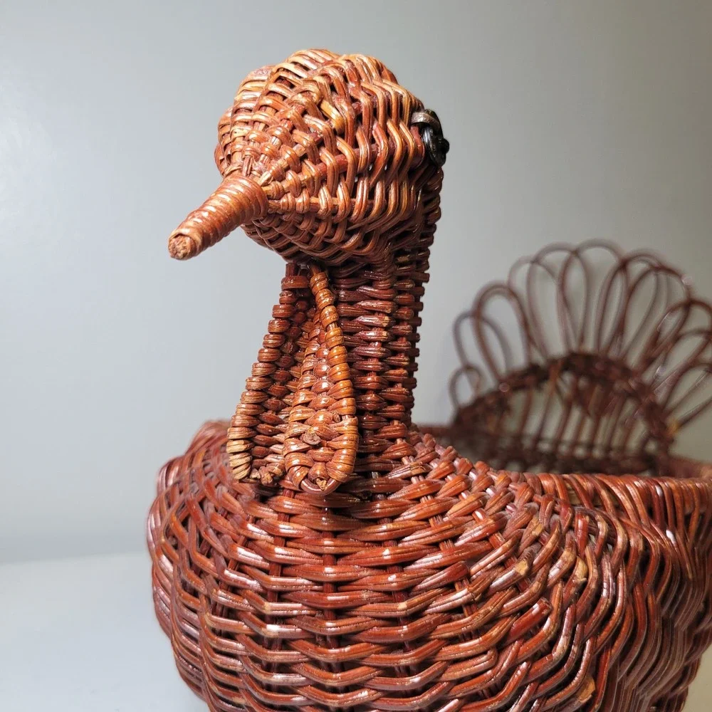 Turkey Roll Bread Basket Vintage Wicker Thanksgiving Brown Handwoven 15 Inch